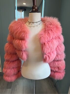 Custom Pink Fox Fur Cropped Jacket | Barbiecore Coquette Glam Vegan Leather XS